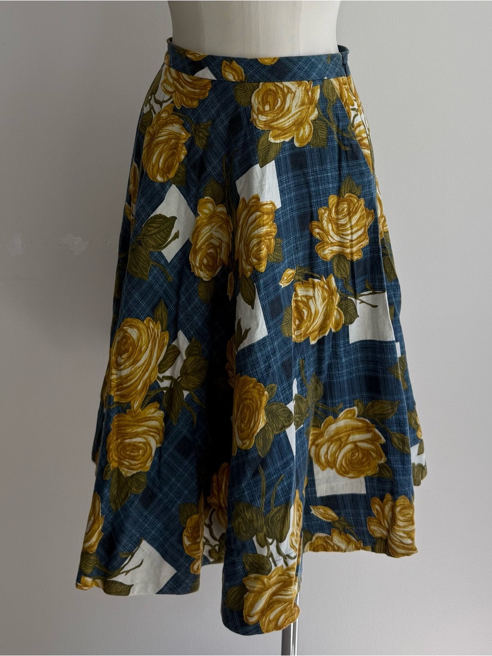 Anthropologie/ Odille Navy Blue Circle Skirt with Mustard Rose Print
